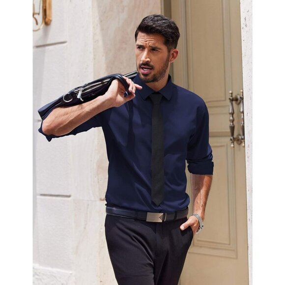 Coofandy Men Solid Navy Blue Long Sleeve Button Down Regular Fit Business Shirt - Picture 3 of 6